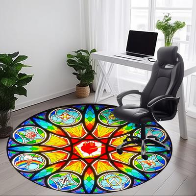 1pc Stained Glass Window Chair Carpet for Office, Round Polyester Mat, Indoor Decor for Office, Easycare Fabric, Washable Non-slip Area Carpet