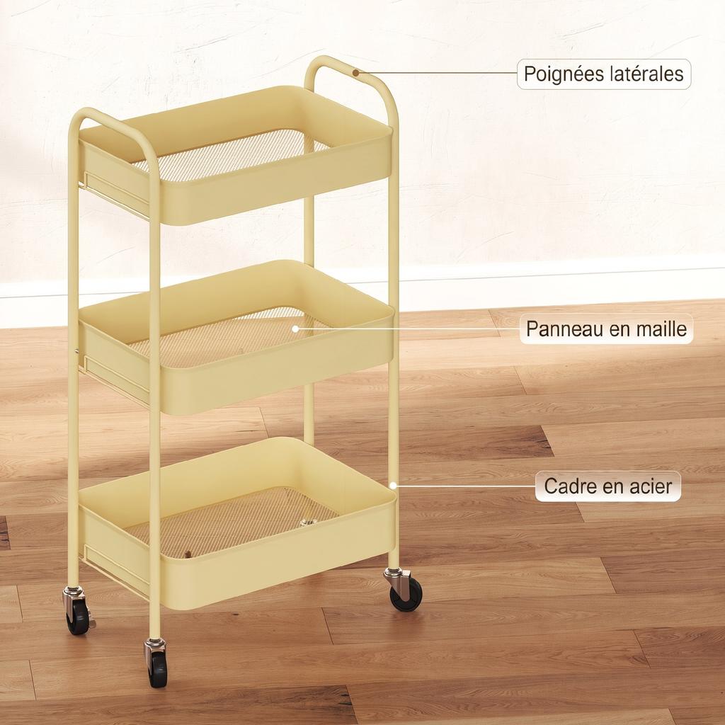 Serving Cart, Steel Trolley, 3 Perforated Shelves, 45 x 30.6 x 79 cm, Yellow
