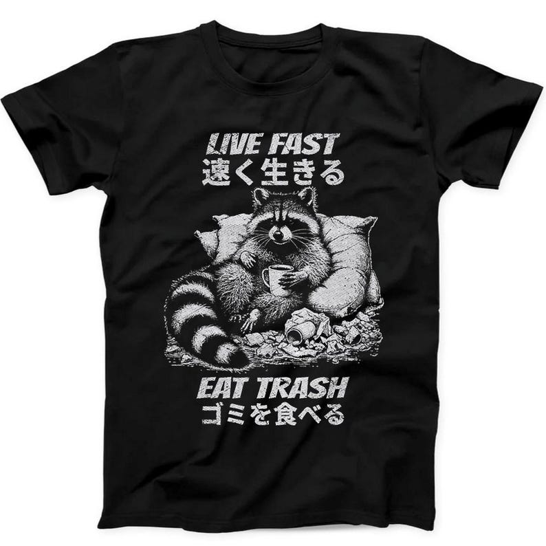 

230 г/м² 100% хлопок Live Fast Eat Trash японский енот забавный подарок футболка черная футболка B277 XXS чёрный