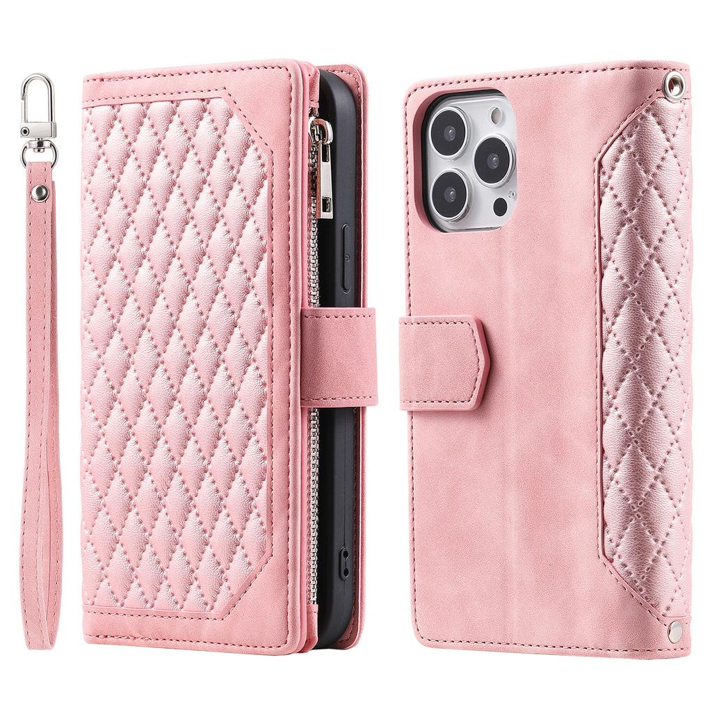 Style 005 For iPhone 16 Pro Zipper Wallet Case Rhombus Stitching Line PU Leather Phone Cover