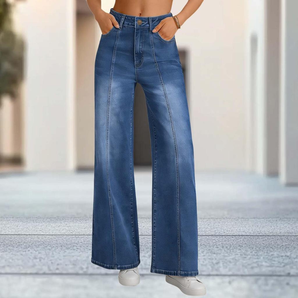 Damen Jeans mit weitem Bein Leichte gerade geschnittene lockere Jeans mit Kordelzug Denim Hose