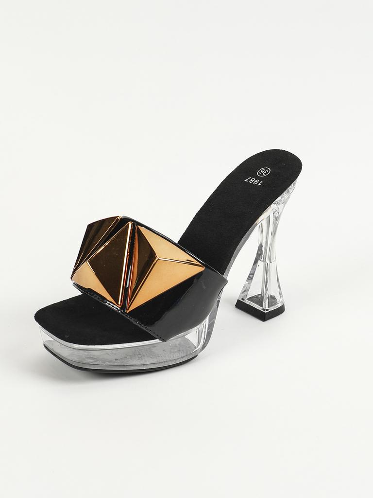 Fashion New 12CM Sexy Car Model Fashion Transparent Slippers, Nightclub Thick-heeled Crystal Square Toe Anti-slip Metal Buckle Sandals