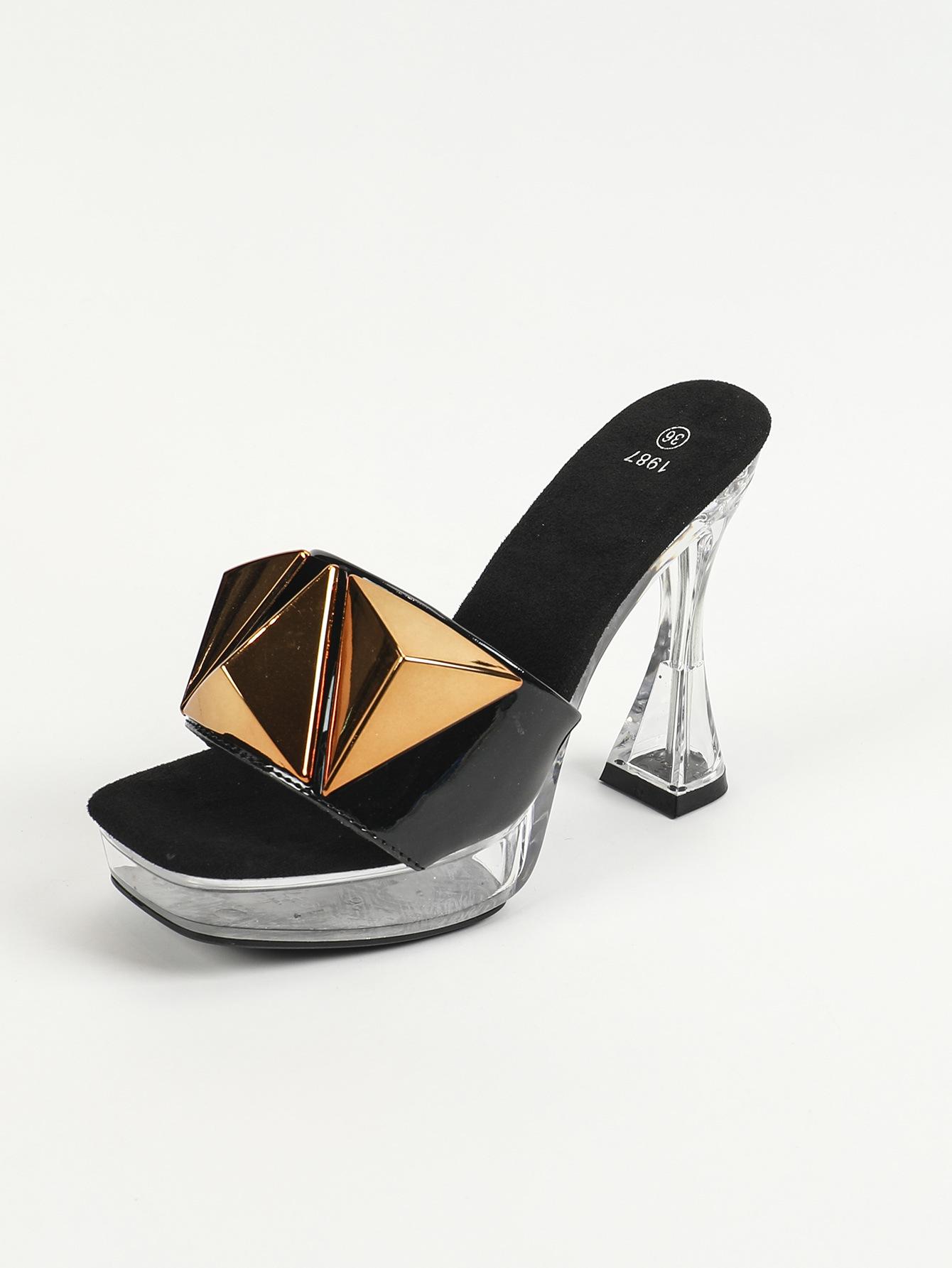 

Fashion 12CM Ultra Sexy Transparent Crystal Wedge Heels with Metal Strap Square Toe for Club Night Model Party Fashion Wedding Shoes 34