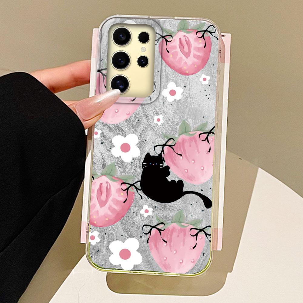 Pinke Frucht Kirsche Schmetterling Feder Textur Handyhülle für Samsung Galaxy S25 S24 S23 S22 S21 FE Plus Ultra Hülle Silikonabdeckung