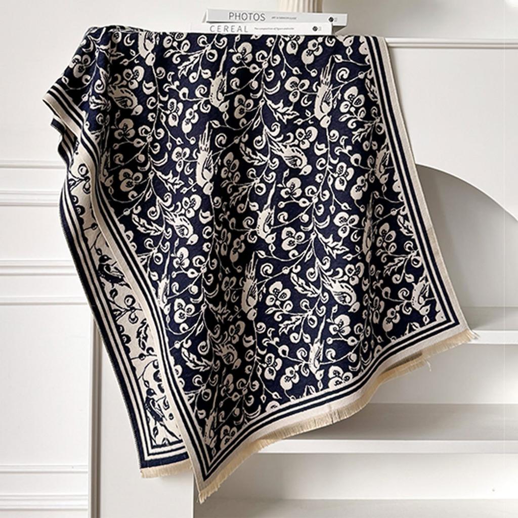 Autumn And Winter Flower Imitation Cashmere Scarf Thickened Printed Shawl Versatile Cold And Warm Long Dual-Purpose Scarf