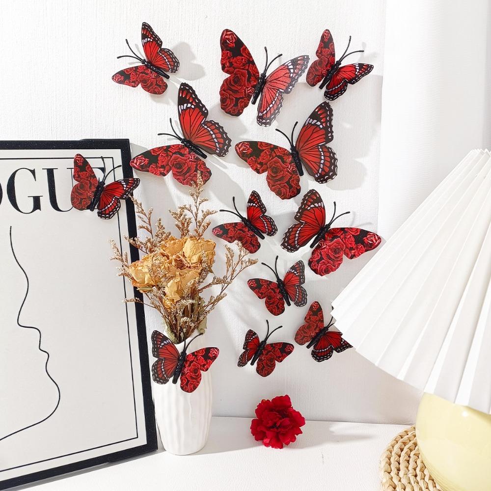 

12pcs Self Adhesive Rose Butterfly Wall Stickers 3D Modern Wall Art for Living Room Bedroom Type A