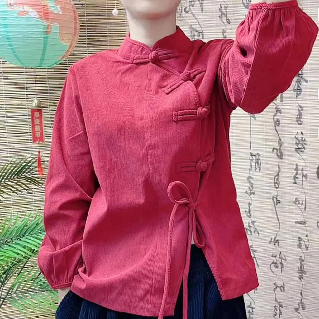 Women's Vintage Corduroy Shirt with Slanted Collar In Solid Color Chinese Literary Style Top