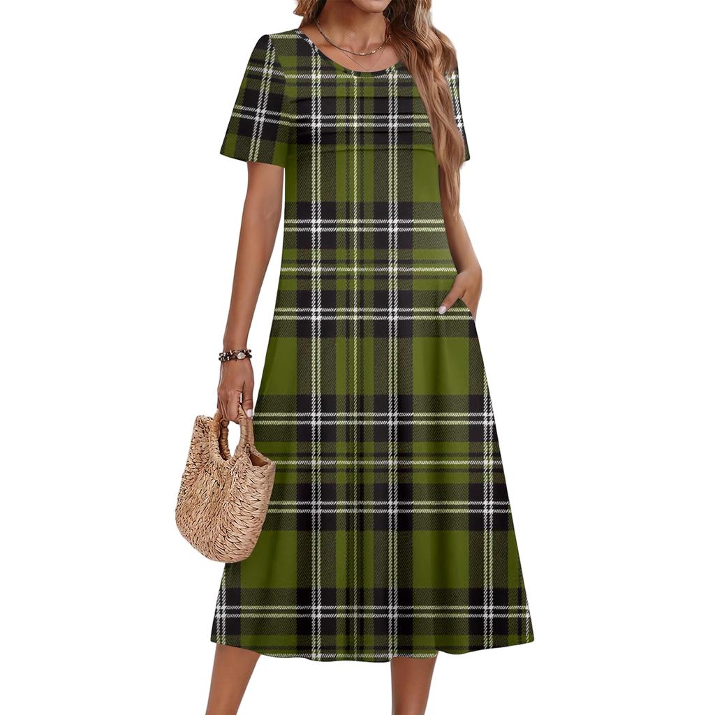 Ladies' Plaid Printed Casual And Fashionable Short Sleeved Round Neck Dress
