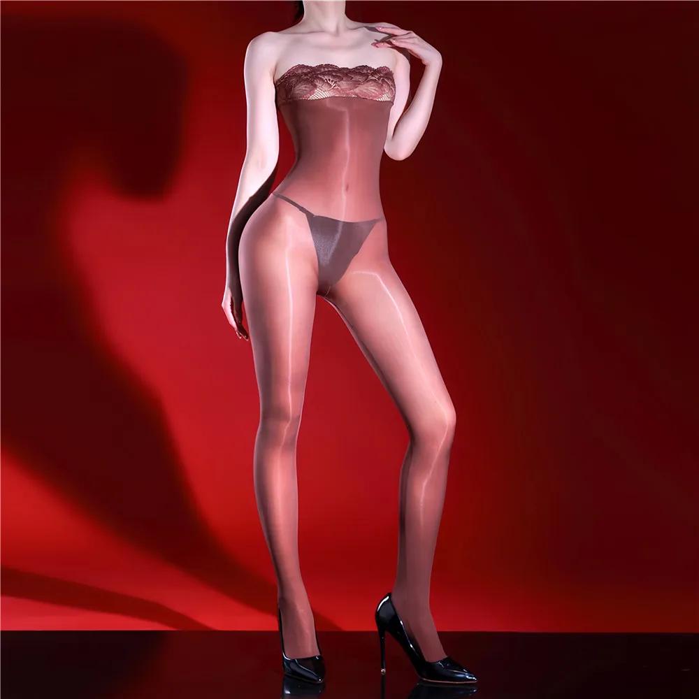 Fashion Women Lace Strapless Bodysuit 5D Oil Glossy Shiny Jumpsuit Yoga Shaping Tights Patchwork Open Crotch Maid Leotard