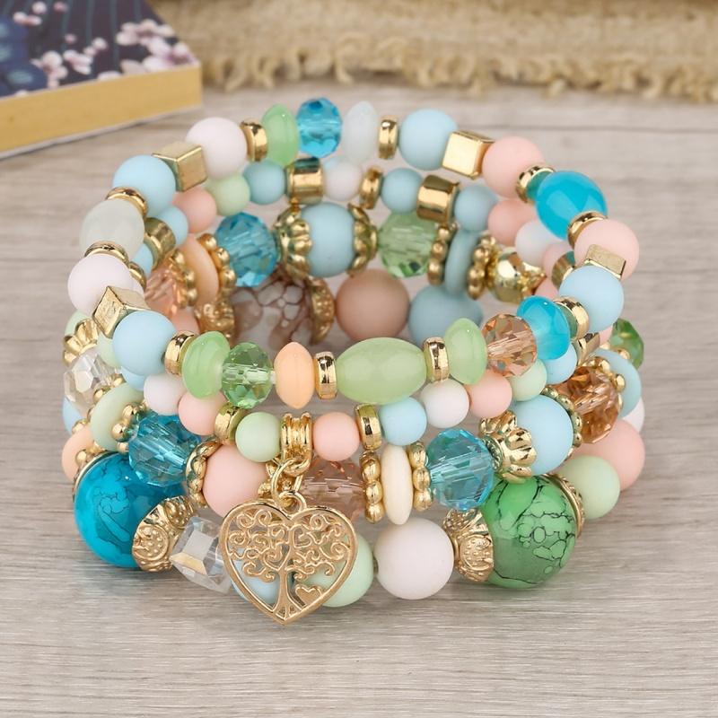 Fashion Summer  Acrylic Beads Chain  New Bracelet Set For Women Tree Of Life Charm Elastic Bangle Female Bohemian Zircon