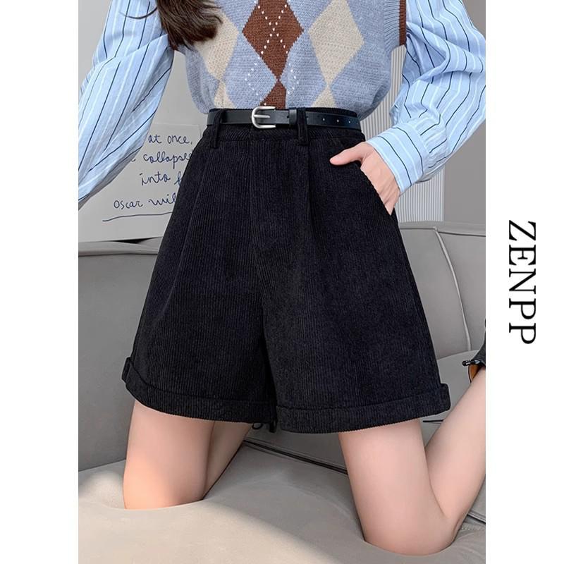 Maillard Coffee Corduroy High-Waist A-Line Shorts for Women - Autumn/Winter