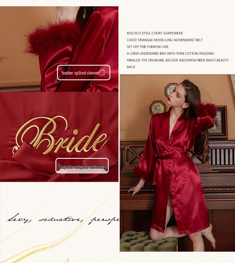 Bridal Feathered Satin Kimono Robe for Bridesmaids and Morning Prep