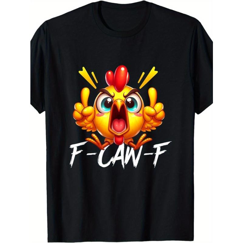 European sizes Men S Humorous F-Caw-F Angry Chicken Graphic Tee - Short Sleeve Crew Neck Casual Shirt Featuring Cartoon Rooster Design S чёрный
