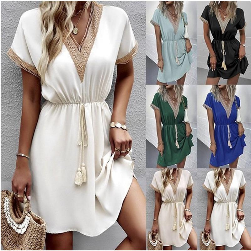 Solid Color Short Sleeved Lace V-neck Waist Cinched Dress