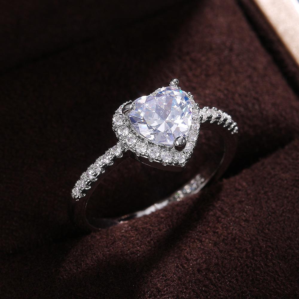 Peach Heart Ring Ladies, Love Shaped Zircon Diamond Set Copper Silver Plated Fashion Jewelry