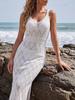 Damen Unifarben Ausgestanzt Gestrickt V-Ausschnitt Ärmellos Bodycon Midi Strandkleid