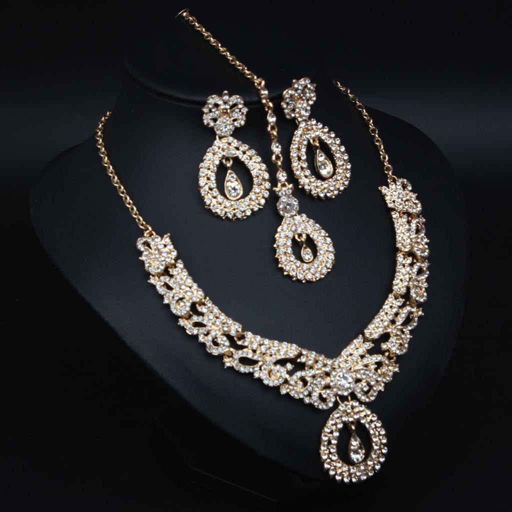 Exotic Style, Court Retro Rhinestone Necklace, Earrings, Forehead Set, Bridal Banquet Dress Accessories