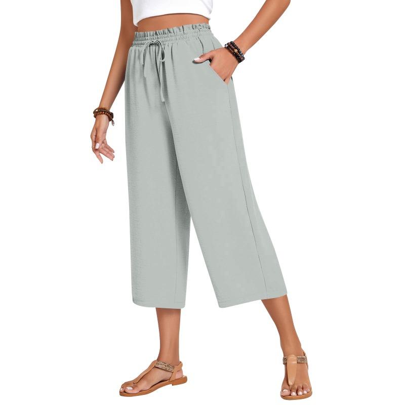 New Women s Linen High Waist Casual Pants Solid Color Elastic Waist Lace-up Loose Wide Leg Pants S
