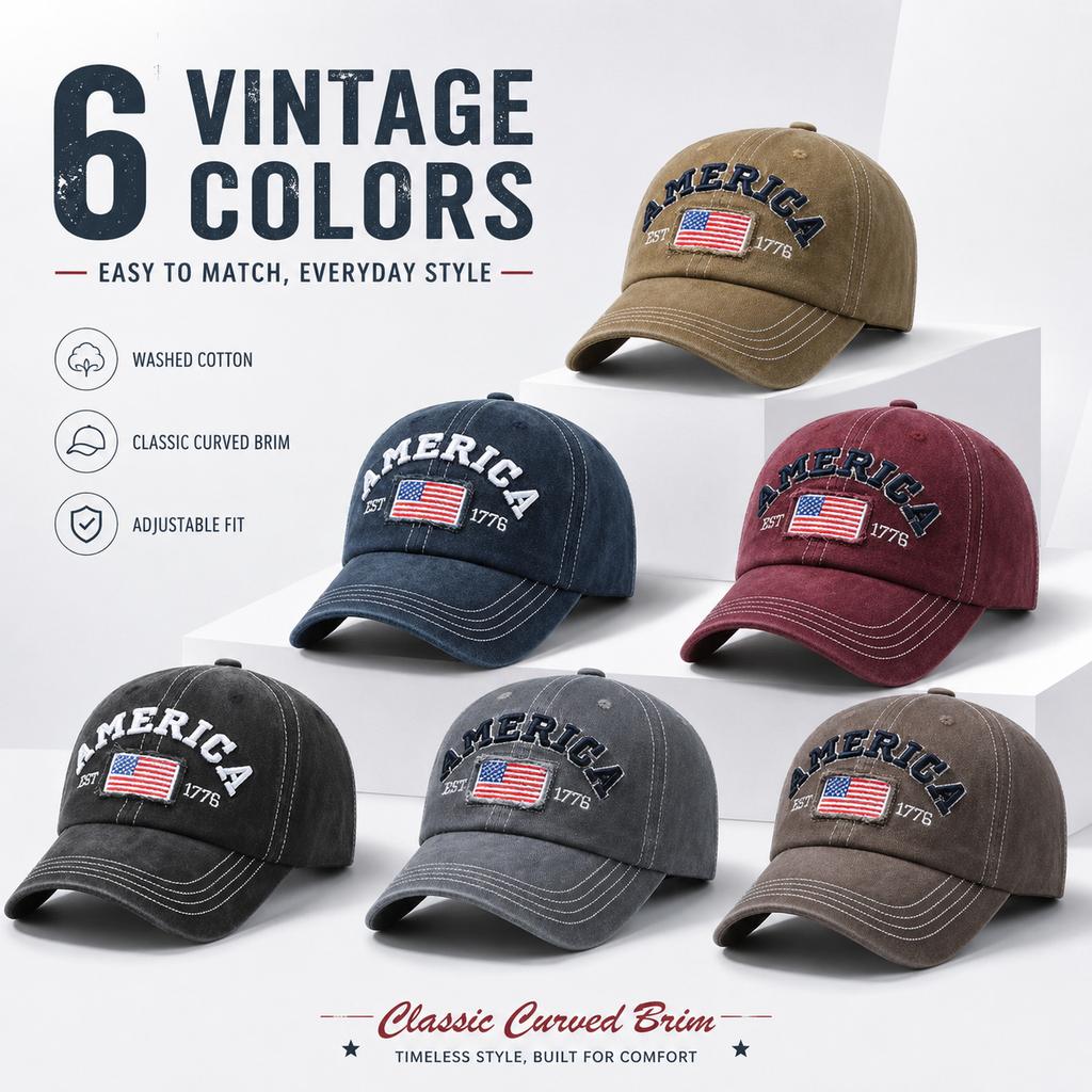 Vintage gewaschene Baumwoll-Baseballkappe für Herren Damen USA-Flagge gestickt Dad Hat Retro Amerika 1776 Snapback Outdoor-Sonnenhüte