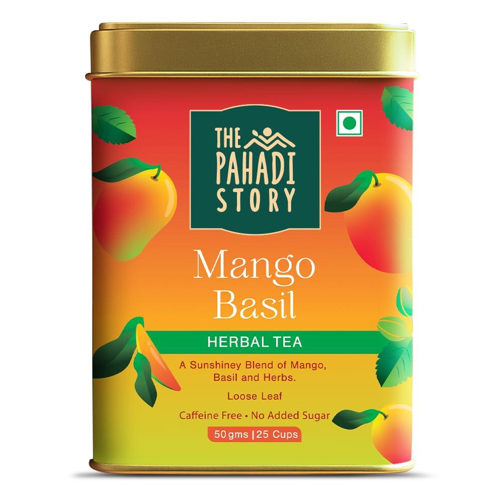 The Pahadi Story Mango Basil Herbal Tea - Natural Caffeine-Free Tea with Mango Bits & Lemon Basil (50g)