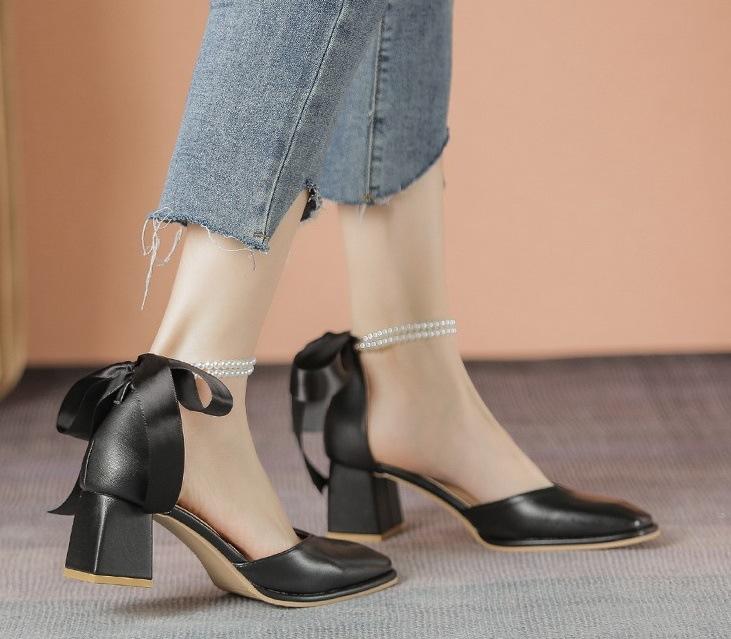 

2025 summer new sandals women s thick heel bag head single shoes pearl chain hollow sandals square head shallow mouth high heel single shoes 40