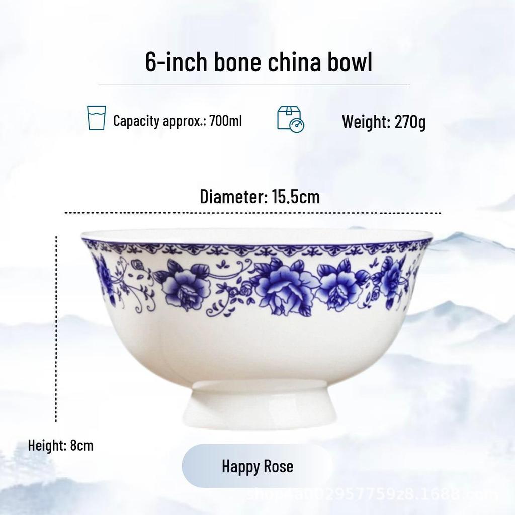 Blue and White High-Foot Bone China Noodle Bowl - Chinese-Style, Anti-Scald, Customizable for Birthdays