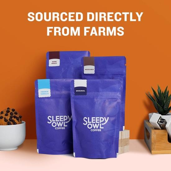 Sleepy Owl Ground Coffee Bag For French Press Sampler Pack | 50G X 4 Flavours - Dark Roast, Original Medium Roast, French Vanilla & Hazelnut