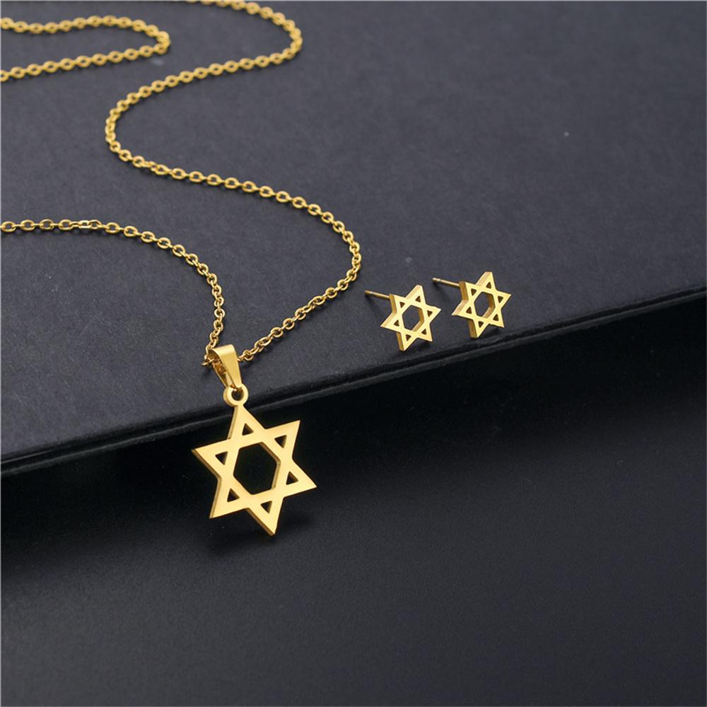 Punk Star of David Pendant Necklace Earrings Set Gold Color Stainless Steel Jewish Hexagram for Women Religious Jewelry Set