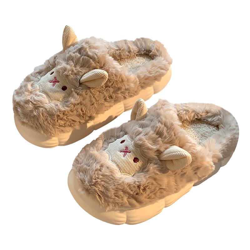 Women's Warm Winter Sheep Slippers - Non-Slip, Fleece-Lined, Thick Sole, and Cotton Comfort.