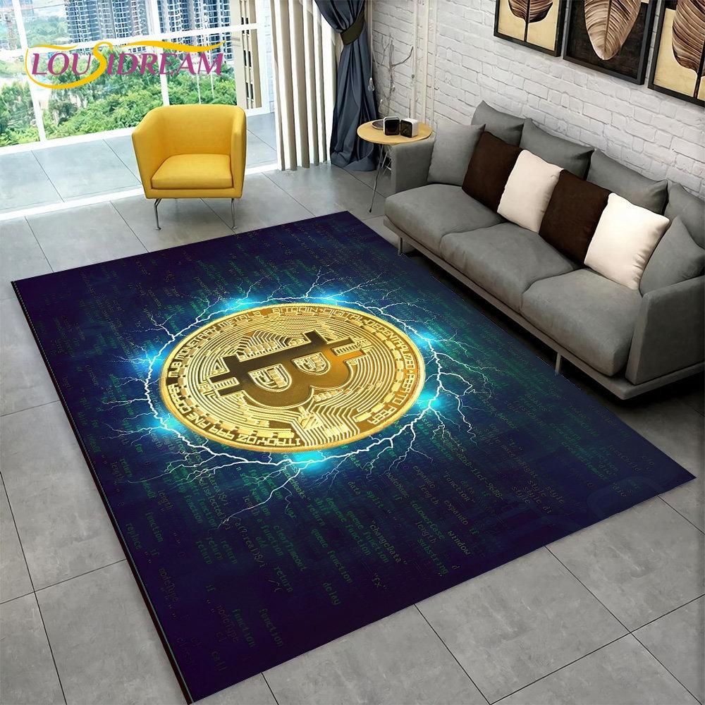 3D Bitcoin Virtual Currency Area Rug Large Carpet Rug for Living Room Bedroom Sofa Playroom Doormat Decor Kid Non-slip Floor Mat