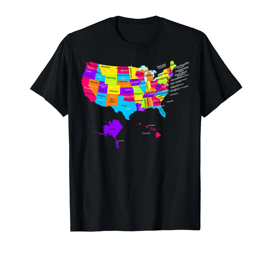 United States Map with States and Capital Cities Tee Shirt TShirt Men Women Summer Fashion Cotton Roundneck Shortsleeved Top