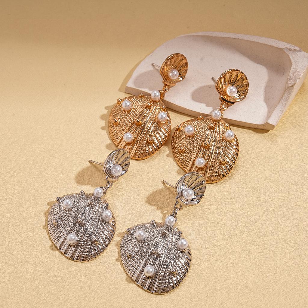 Metal imitation pearl shell silver needle earrings seaside vacation style fashion earrings feeling earrings