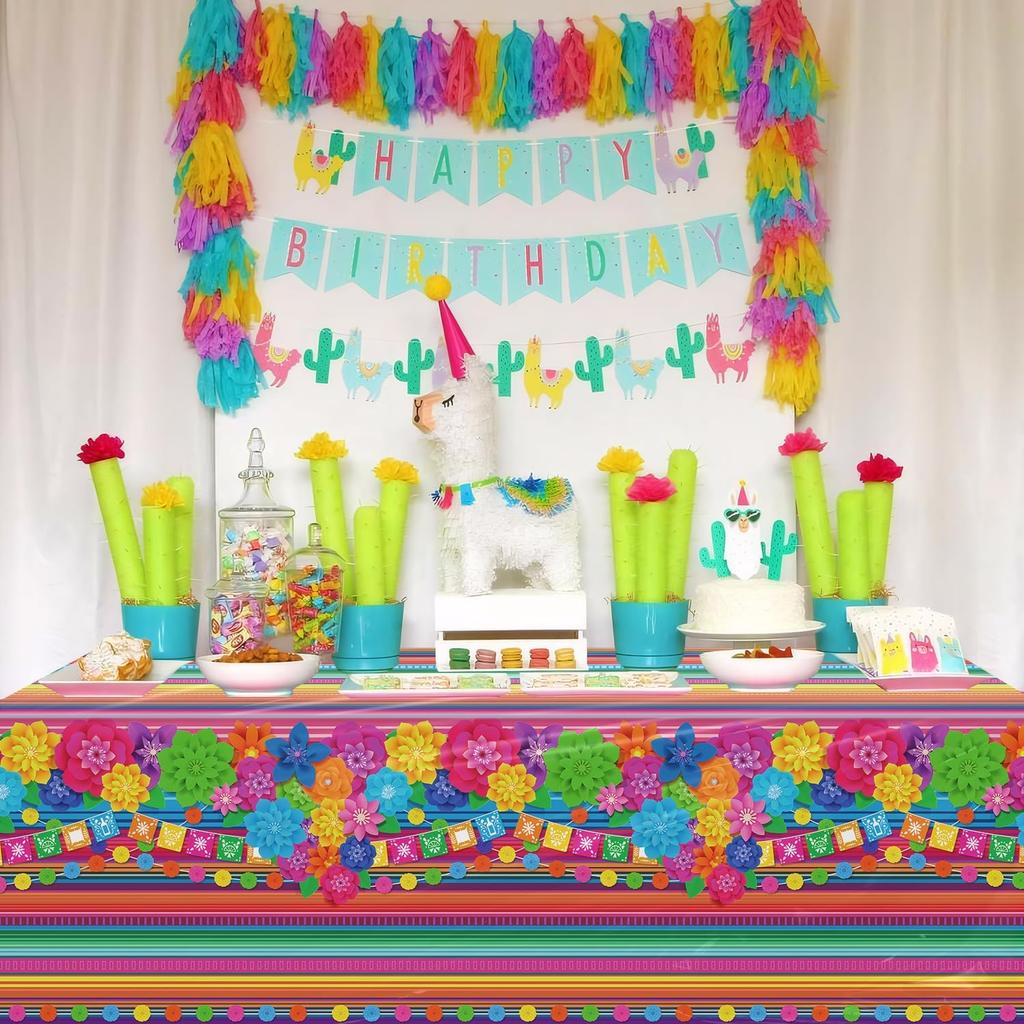 4 Pcs Mexican Fiesta Tablecloth Cinco De Mayo Plastic Table Cover Mexico Colorful Striped Paper Flower Table Cloth Mexican Holiday Theme Rectangle