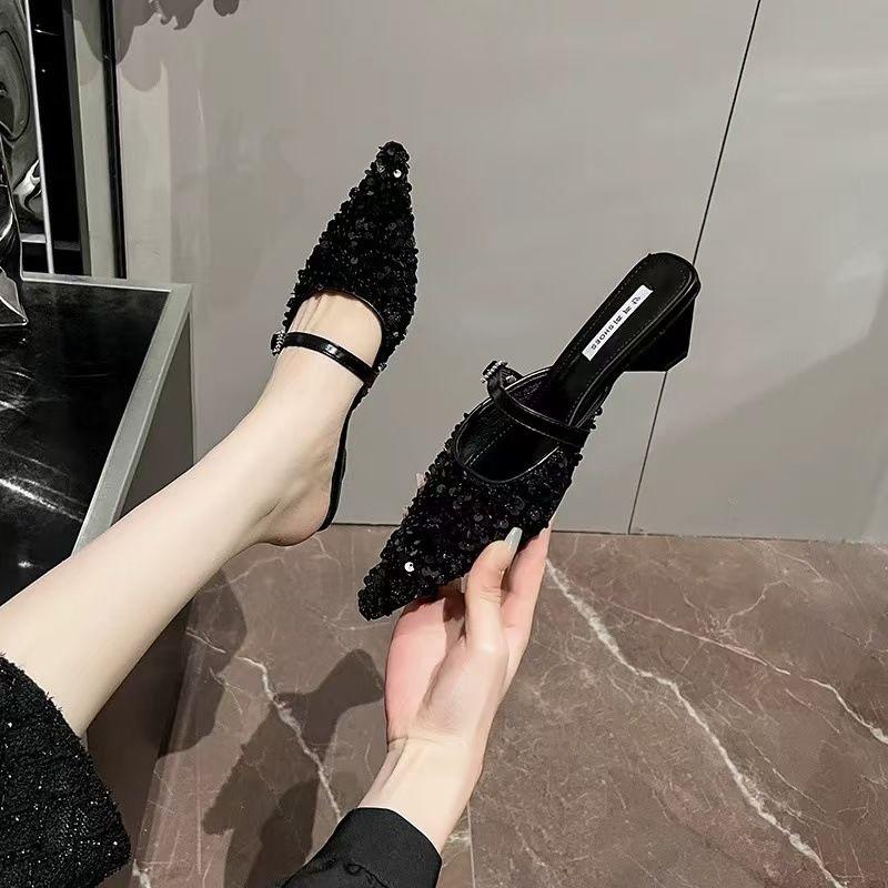 Fashion Sequins Black Slides with Heel Shoes Pointed Toe Women's Mules Slippers and Ladies Sandals Unique Korea Style Easy Wears Shoe 39