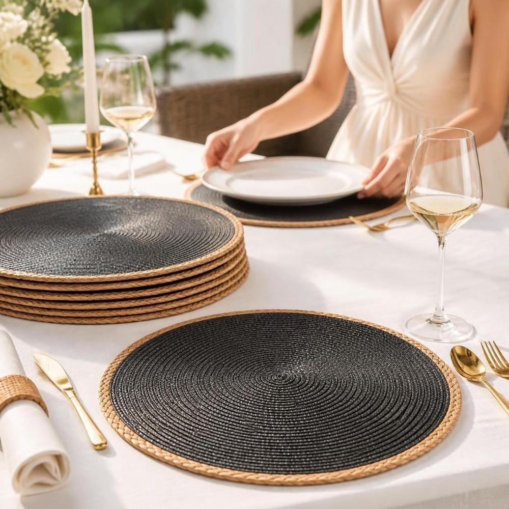 6pcs/set 15in Round Woven Placemats Bohemia Woven Dish Mats Boho Braided Table Mats  Coffee Cups