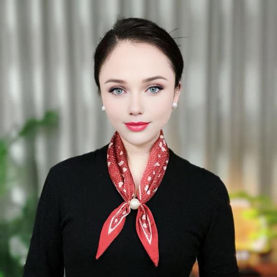 Satin Neck Scarf Irregular Geometric Pattern Wrinkle-resistant Scarf with Magnetic Imitation Pearl Buckle Outfit Accessory