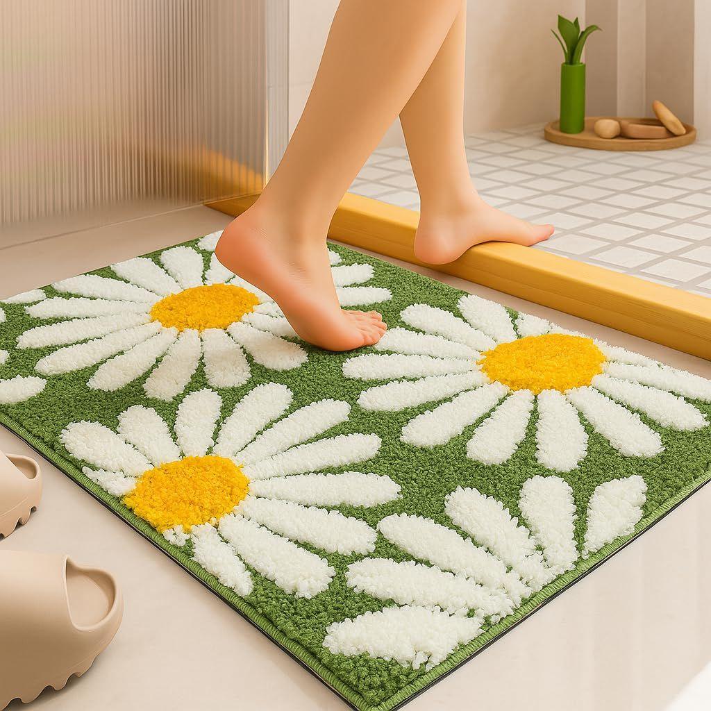Flower Super Soft Microfiber Bath Mat Super Absorbent Anti-Skid Door Mats for Home/Bathroom/Bedroom/Kitchen/Floor Mat (Green) Pack of 1