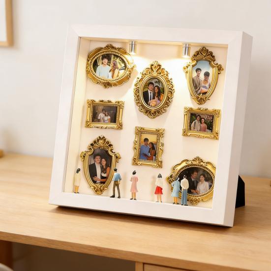 DIY Mini Museum Box with Small Golden Frames Figurines Lamps Photo Frame Shadow Box Family Memory Display Case Home Decoration