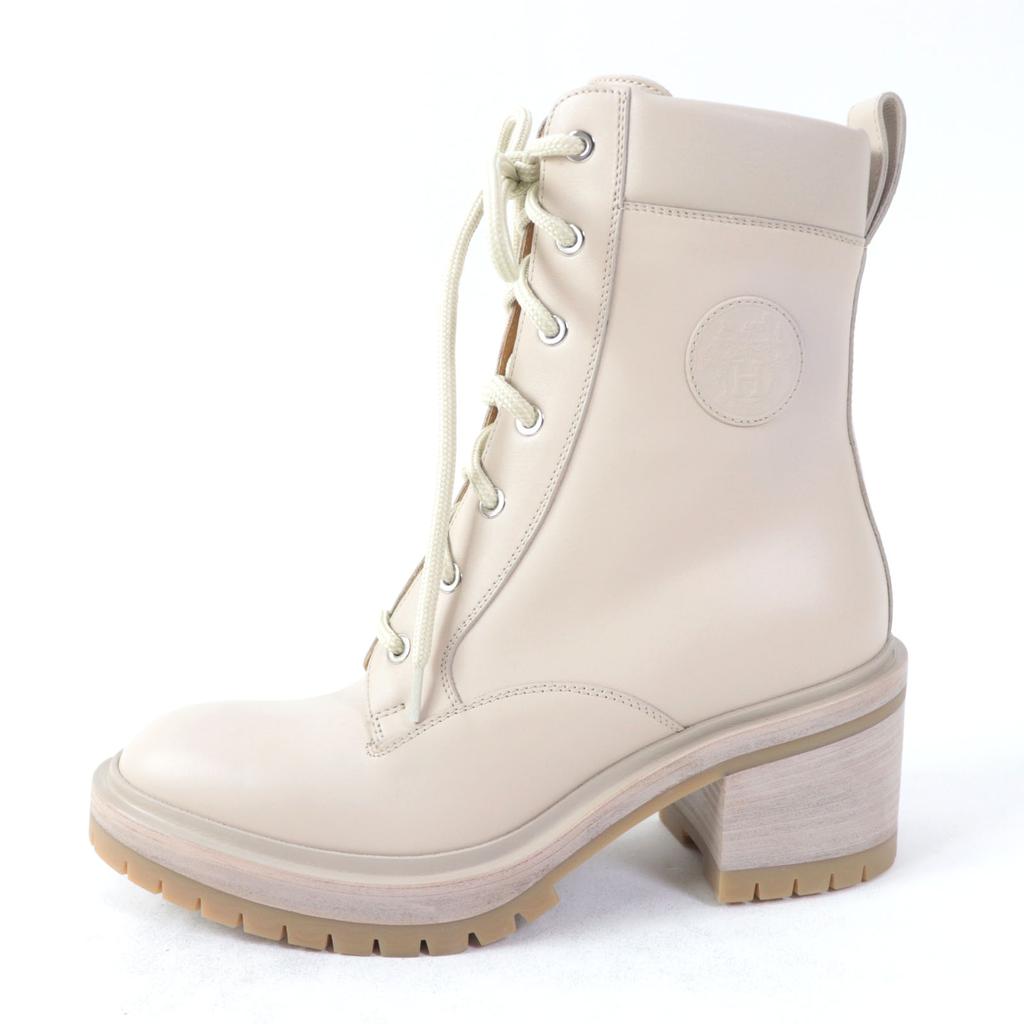 Pristine HERMES Ankle boots Lace-up Bridge pink beige leather Women 37 Used