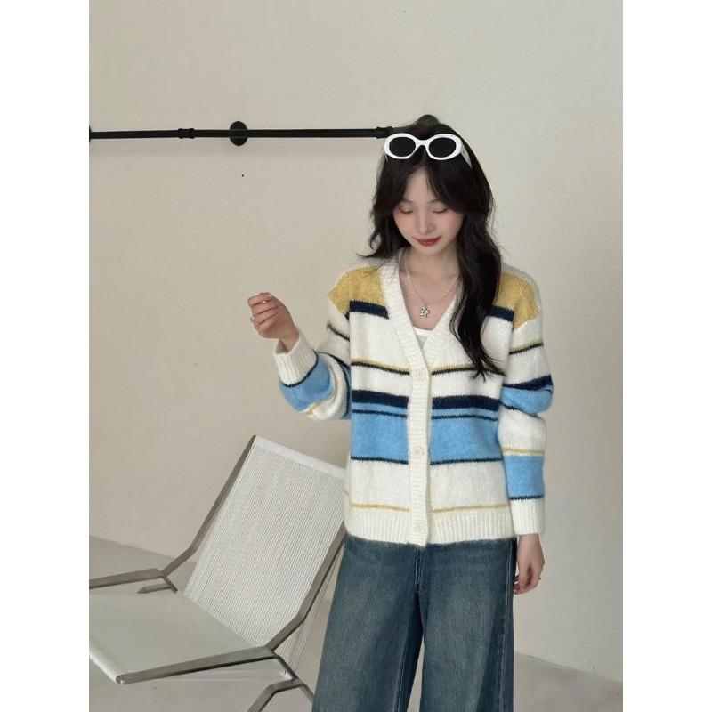 Autumn and Winter New V-neck Color Striped Knitted Cardigan Loose Design Soft Waxy Sweater Jacket Women