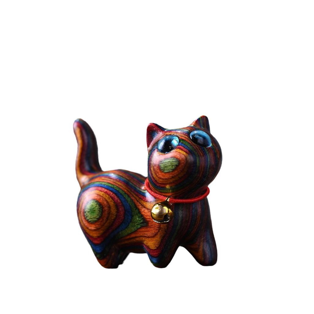 Rainbow Wood Carving: Cute Cat Desktop Ornament - Creative Miniatures for Home Decor