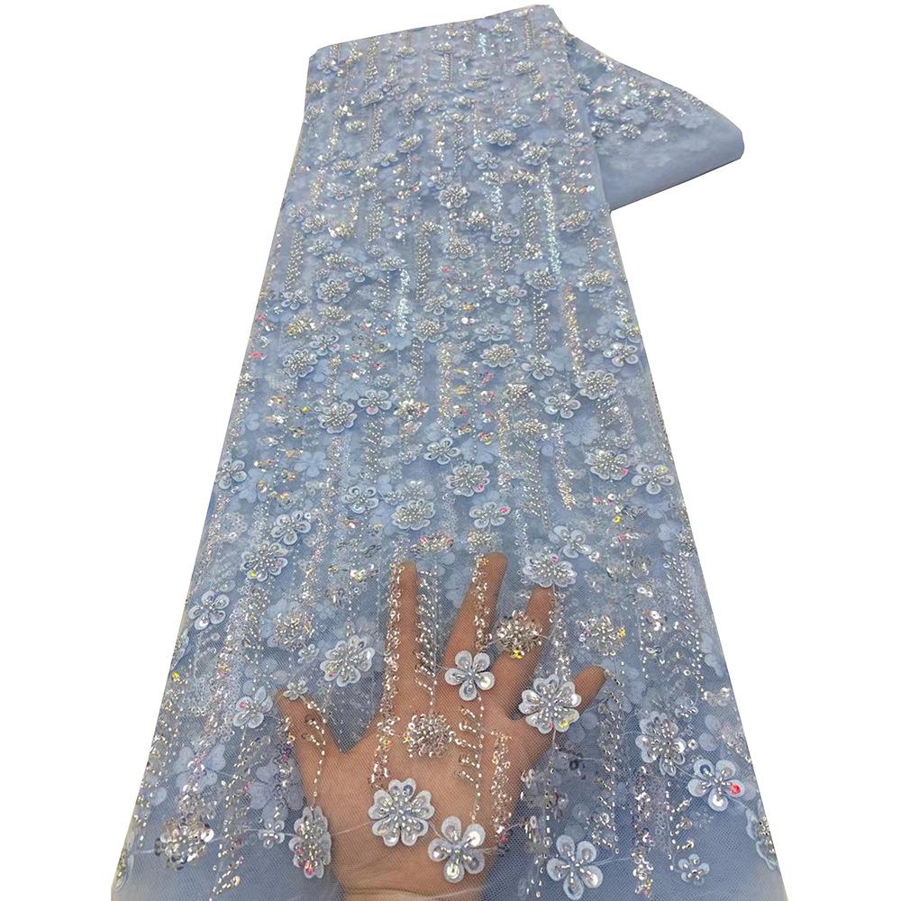 5 Yards African Sequins Bead Lace Fabric High Quality French Embroidery Nigerian Tulle Lace Fabric For Women Wedding Dress Craft