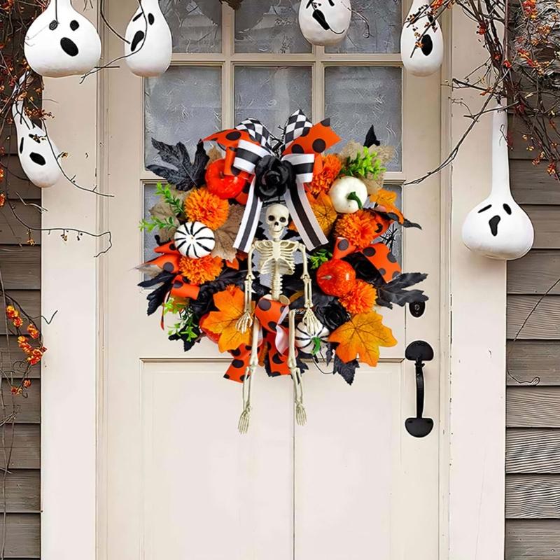 Realistic Faux Maple Leaf Pumpkins Skull Branch Wreath Durability Waterproof Halloween Autumn Home Outdoor Decors