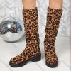 Comemore Boots for Women Leopard Suede Thick Middle Heel Folded Stacked Mid-calf Boots Round Toe Slip-On Botas Shoes