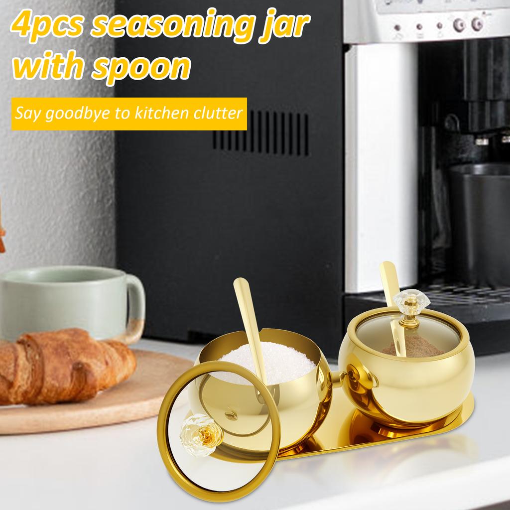 8.79oz Sugar Jar Stainless Steel Seasoning Jar with Glass Lid and Spoon Gold Spice Jar and Serving Tray Seasoning Container
