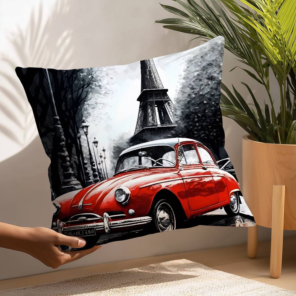 Urban Bus Car London Sreet Eiffel Tower Pillow Case Sofa Decorative Home Double-Sided Printing Short Plush Cushion Pillow Cover