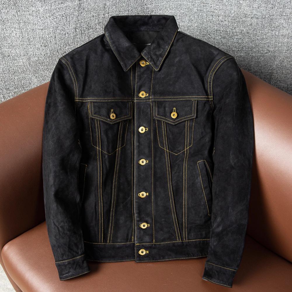 Genuine Sheepskin Leather Jacket Men Faux Suede Cowboy Coat Slim Fit Short Autumn Winter Fashion