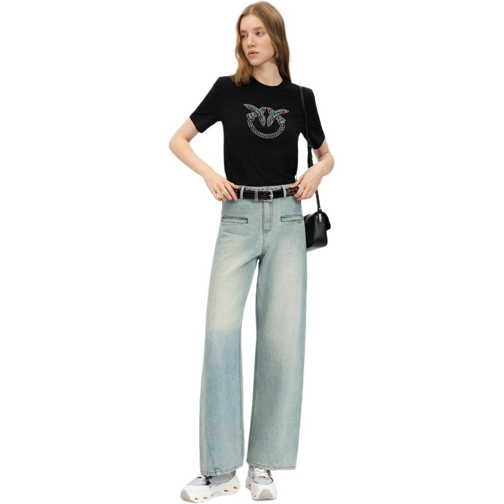 PINKO High-Waisted Distressed Gradient Wash Wide-Leg Floor-Length Straight-Leg Cargo Pocket Slimming Jeans Women jeans Pink PAF261358081
