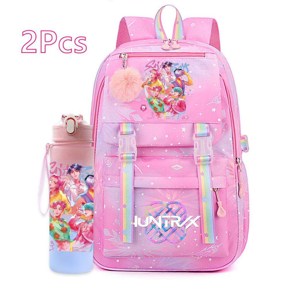 2Pcs/set Anime K-pop Printed Backpack with 750Ml Water Bottler Large Capacity Travel Bag for Teenager Girl Boy Bookbag Kid Gift Large Capacity Bag