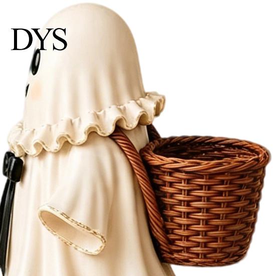 Uroczy Duch Wystrój Domu Figurka Żywiczna na Halloween z Wiklinowym Koszykiem, Ozdoba Stołowa na Biurko, Organizer Świąteczny Dekoracja Przedpokoju Kominka